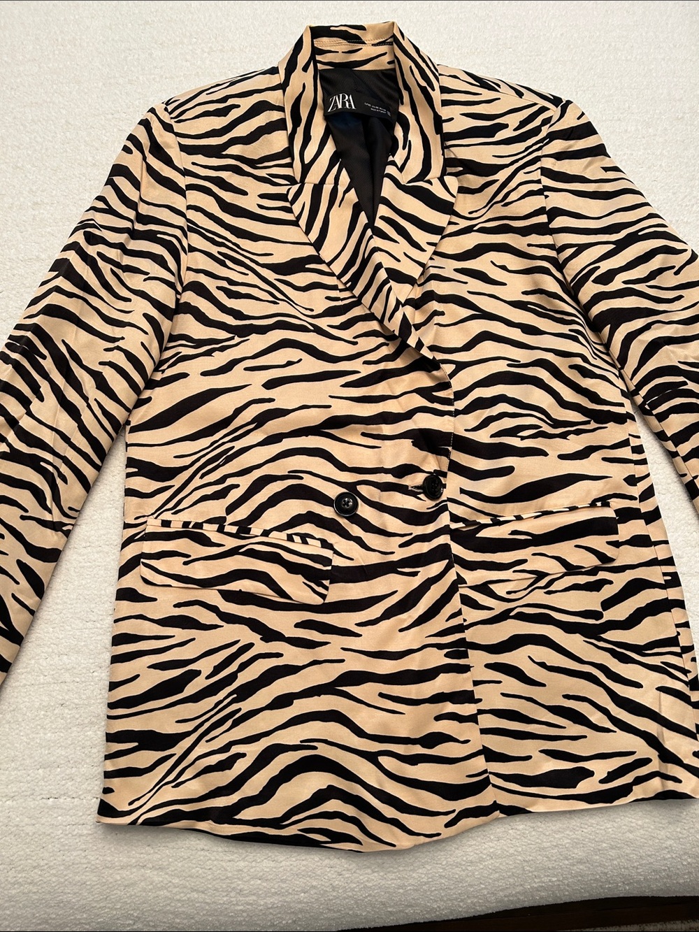 ZARA Black and Beige Zebra-Print Double-Breasted Blazer